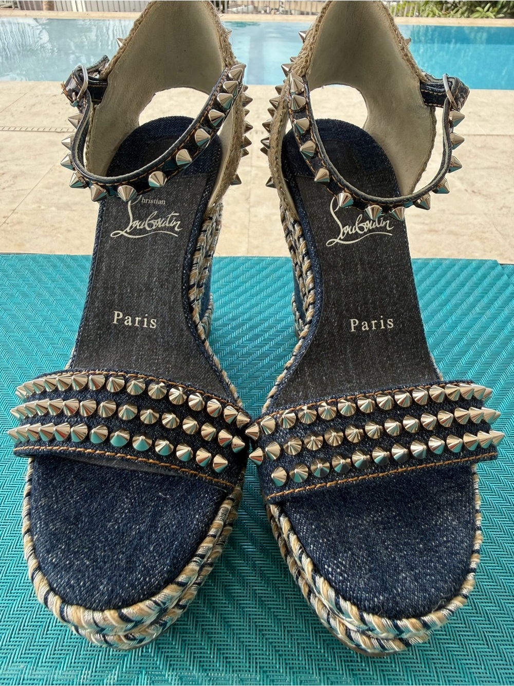 Christian Louboutin Madmonica 120 Studded Denim Espadrille Wedge Sandals - Blue